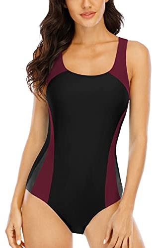 Halcurt Badeanzug Damen Sport mit Cups Einteiliger Badeanzüge S-XXL | U Ausschnitt, Racer Rückendesign, Hohe Elastizität, Atmungsaktiv, Schnell Trocknend, Vollständige Abdeckunge