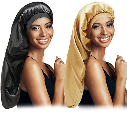 Long Satin Bonnet Sleep Cap,Black Extra Large Silk Bonnet for Natural Hair, Bonnets for Women Night Sleep,Wide Elastic Band, Very Soft & Comfortable (Black+Gold)