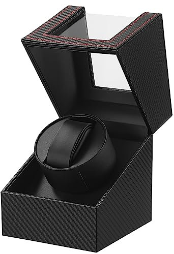 LINGFANSTORE Automatische Uhrenbeweger Box,luxuriöser Single Uhrenbeweger,Uhrengehäuse mit leisem Mabuchi Motor,Batteriebetrieb oder Netzteil PU Leder (Faser aus Kohlenstoff)