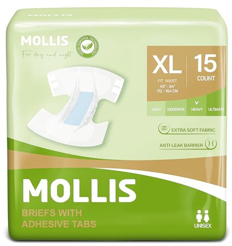 MOLLIS Adult Nappies for Women & Men, Unisex Diapers with Tabs, Disposable Incontinence Slip, Maximum Absorbency, XLarge (1 Pack of 15)