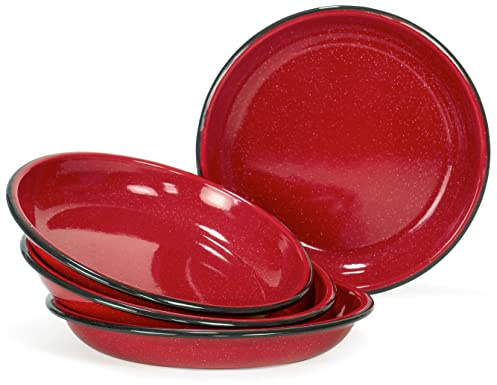 Red Co. Set mit 4 runden Campingtellern aus emailliertem Metall, 25,4 cm, weiß gesprenkelter rot/schwarzer Rand