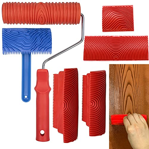 Wood Graining Tool Set, 6pcs 7 Fake Wood Grain Roller Painting Tool with Handle DIY Rubber Graining Tool Paint Look Like Wood for Wall Room Art Paint Decoration