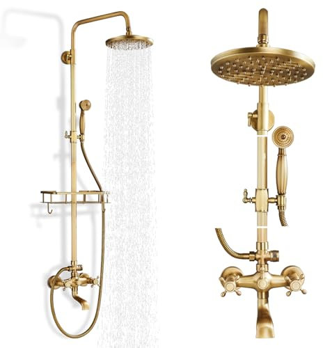 Gmusre Set doccia da bagno in ottone anticato, soffione doccia a pioggia da 20,3 cm con maniglia, beccuccio per vasca a cascata e doccia esterna a parete con ripiano