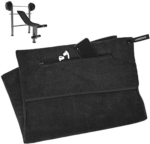 LIAMERHE Mikrofaser Handtücher Fitness Handtuch mit Reißverschluss Fach Sporthandtuch für Fitnessstudio Leicht Gym Handtuch 120x50cm mit Antirutsch Fixierung für Damen Herren (Schwarz)