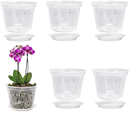 Foreverup 5PCS Clear Orchid Pot, 14CM Plastic Orchid Plant Pots with Drainage Holes and Saucers, Nursery Pots for Orchid Repotting Kit, Flower Plant Pot for Root Health, Indoor Outdoor Plants