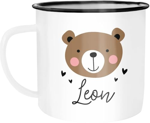 SpecialMe® Kinder-Tasse Emaille Bär, Fuchs, Einhorn mit Namen personalisierte Namenstasse für Kinder Tiermotive Emaille-weiss-schwarz standard