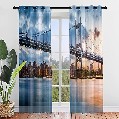 Hiseng Voile Vorhänge mit Ösen Durchsichtig Halbtransparent Ösenvorhang für Fenster Wohnzimmer Schlafzimmer Moderne und Elegante Transparent Gardine 2er Set (107x160cm,Brücke)