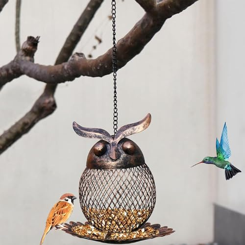 QLSKI Iron Owl Bird Metal Hanging Feeders, Wild Seed, Open Lid, Leak and Drainage Holes, Waterproof