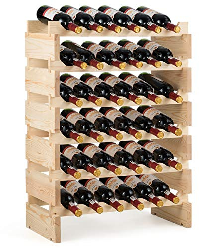 KOMFOTTEU Porte-Bouteilles sur Pied pour 36 Bouteilles, Étagère à Bouteille à 6 Niveaux en Bois de Pin, Casier à vin Empilable Rangement, pour Cuisine, Cave à Vin, 63 x 28 x 85 cm