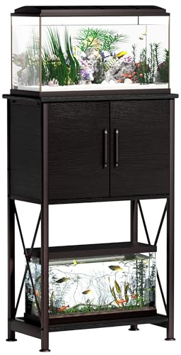 Herture 5-10 Gallon Fish Tank Stand, Metal Double Aquarium Stand with Cabinet for Fish Tank Accessories Storage, Heavy Duty 20.5 L* 11.02 W Tabletop, 500LBS Capacity Black PG06YGB