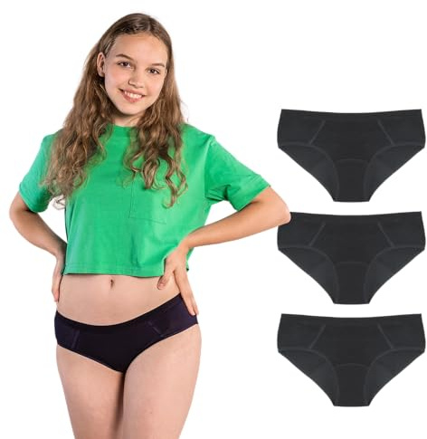 SELENACARE Periodenunterwäsche Teenager Sporty (3er Multipack) - Menstruationsunterwäsche für Teens, waschbar, 100% vegan, nachhaltig, 20ml Absorption, Schwarz, Größe 152