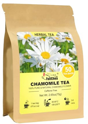 FullChea - Chamomile Tea bags, 50 Teabags, 1.5g/bag - Pure & Natural Chamomile Flower Herbal Tea for Relaxation - Non-GMO - Caffeine-free - Support Digestion & Boost Immune System