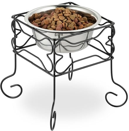 Relaxdays Hundenapf, erhöhter Napfständer, 1,5 L Volumen, HxBxT: 26 x 26 x 26 cm, aus Eisen & Edelstahl, schwarz/silber