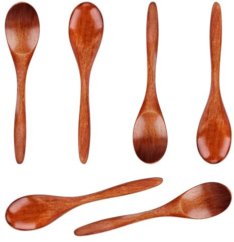 6pcs Small Wooden Spoons, 5.7in Wood Teaspoon Handmade Serving Spoons Mini Table Spoon for Cooking Condiments Honey Spoons Daily Use(Brown)