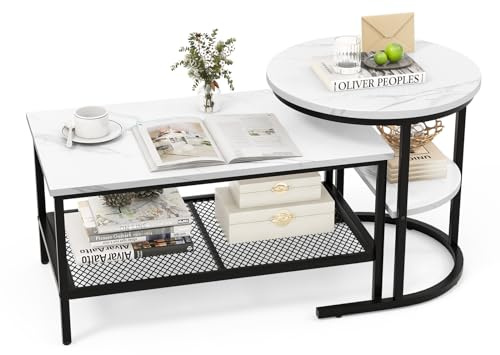 COSTWAY 2-delat Soffbord Set, Sidobord med Marmorutseende, Metallram och Hylla, Vardagsrumsbord, Sovrumsbord - Vit och Svart