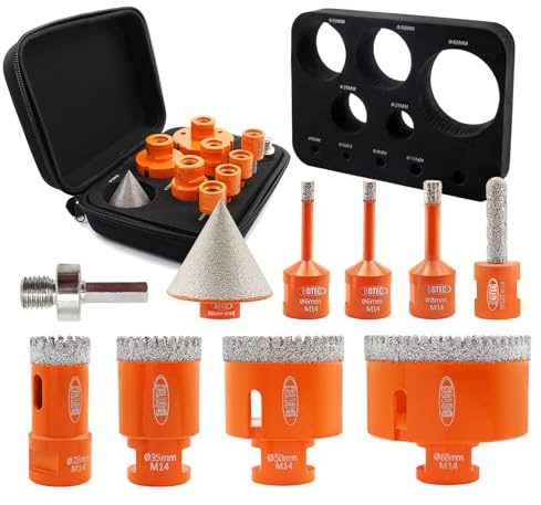 Diamond Core Drill Bit Kit BGTEC Diamond Hole Saw Tile Cutter, M14 Thread 7pcs 6/6/8/25/35/50/68mm Drill Bits+1pc 10mm Finger Bit+1pc 2 Taper Chamfer+HEX
