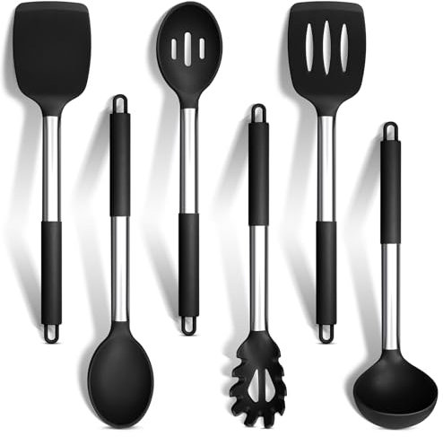 HaWare Kitchen Utensils Set, 6 Pcs Black Silicone Cooking Utensils, Heat Resistant Stainless Steel Handle for Non-Stick Cookware, Kitchen Tools Include Ladle Turner Spoon Pasta Server, Dishwasher Safe