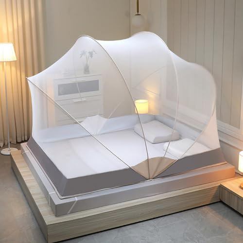 Zusammenklappbares Moskitonetz für das Bett, tragbares Zelt-Reise-Mongolisches Netz für Outdoor-Reisen für Erwachsene, Keine Installation erforderlich,Grau,190x135x130cm