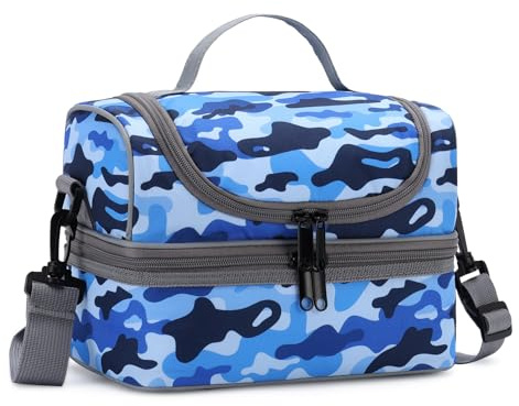 Chase Chic Borsa Termica Bambini Bambini Pranzo Borsa Termica Porta con Tracolla Regolabile Staccabile per Ragazzi Bambina Scuola Termico Borsa Frigo Lunch Box a Doppio Scomparto, Camuffamento Blu