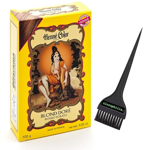 Sitarama Henna Color – Coloración natural para el cabello con agua sin amoniaco ni agua oxigenat, sin PPD – Polvo Henne 100 g y pincel clorophilla (rubio dorado, 100 g)