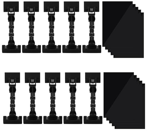 Pièces Porte Etiquette Prix Rotatif, 20/10 Pièces Porte Étiquette de Prix Clips, Prix Tag Pince Transparent Prix Porte, Support pour Étiquettes de Prix pour Cartes, Boulangerie (Noir 10pcs)