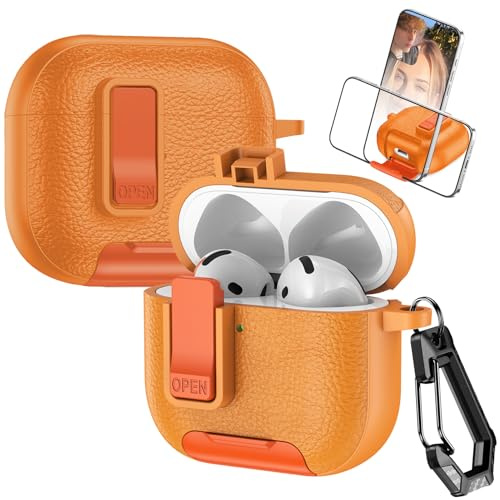Fofvccv Funda para AirPods 4 Generación 2024 con Mosquetón - PWJ Orange | Carcasa de Piel Resistente con Bloqueo de Seguridad y Soporte Oculto Estuche Antigolpes para AirPods 4