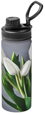 Hervidor aislado de doble pared con estampado de tulipanes blancos, a prueba de fugas, viajes, gimnasio, ciclismo, camping, etc