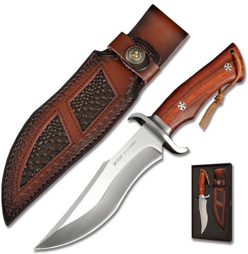 QIXENIO M390 Jagdmesser aus Stahl, 27,9 cm feste Klinge mit Lederscheide, Full-Tang-Design und Holzgriff, Survival-taktisch für Camping & Outdoor