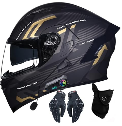 VHVYWY Casco Motociclistico A Faccia Modulare Bluetooth, Caschi Motociclistici Ribaltabili con Doppia Visiera, Design di Ventilazione Leggera, Ece Approvato(Size:L,Color:Nero Oro)