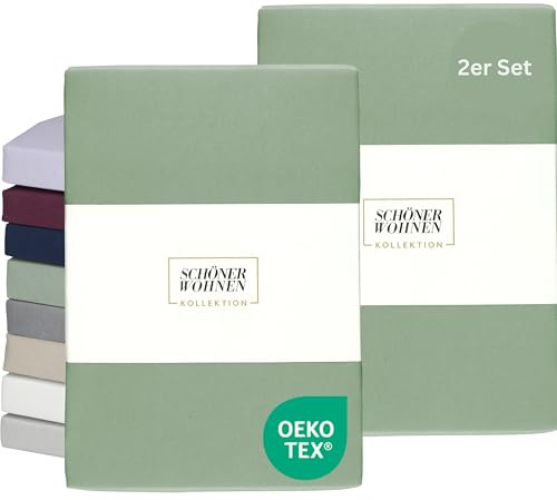 SCHÖNER WOHNEN Spannbettlaken 90x200cm 2er Pack Grün bis 100x200cm - Luxus Spannbetttücher aus Jersey-Baumwolle Öko-Tex Zertifiziert - für Matratzen bis 30 cm & Boxspringbett - Bettlaken Set