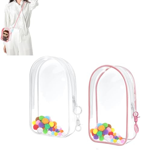 2 Pack Protective Case for Plush Doll, Clear Hanging Display Cases, Crossbody Doll Storage Bag, PVC Storage Case Cover for Figures, Dolls (Clear & Pink)