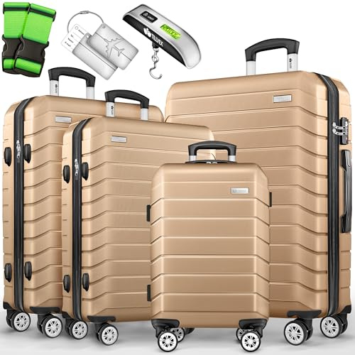 tillvex® Set 4 valigie rigide S-M-L-XL + bilancia, 4 cinghie e 4 etichette bagagli | Valigia da viaggio leggera con 4 ruote piroettanti | Guscio rigido in ABS con lucchetto TSA (Champagne)