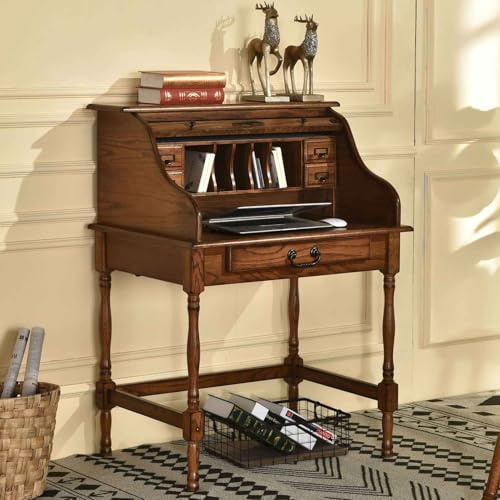 Country Marketplace Mini Roll Top Desk Solid Oak Wood 32x24x44 Burnished Walnut Finish Small Desk for Home Office, Kitchen, Bedroom, Living Room, or Den