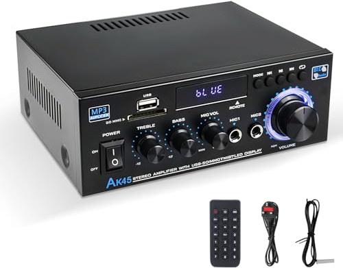 Stereo Audio Amplifier, Bluetooth 2.0 Channel Speaker Amplifier HiFi for Speakers FM Radio, Karaoke, LCD Display & Remote Control, w/USB/SD/RCA/MIC/FM in, for Home Car Speakers 40W x 2