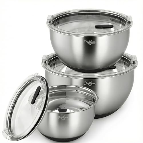 Dayliyum Mixing Bowls with Airtight Lids Set, Clear Lid with Valve, Stainless Steel Nesting Bowl Set, 3PCS Bowls(1.5/3/5 QT), Measurement Marks, Non-Slip Silicone Base, Food Prep & Storage