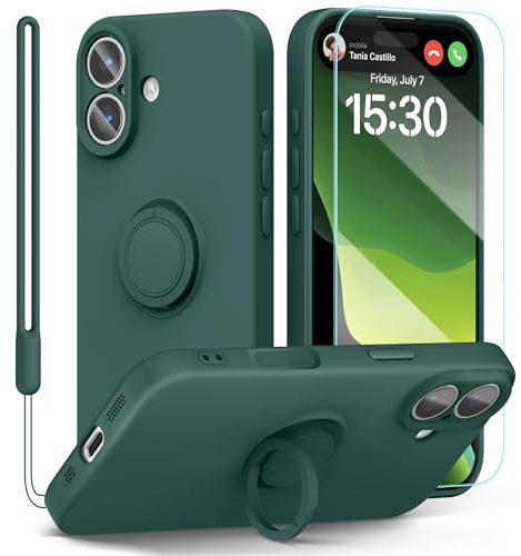 pcgaga Silicone Phone Case for iPhone 17 6.3 Inch with Screen Protector [Ring Holder Stand] [Wrist Strap] [Microfiber Lining] Slim Shockproof Protective Cover, 6.3, Army Green
