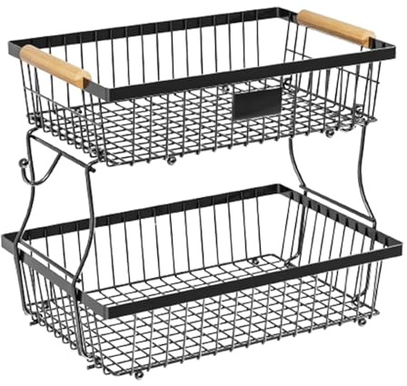 Zunetsutck Cestino Fruit a 2 Niveles - Organizador de soporte de uso múltiple | Guardar apoyo con 2 ganchos, canasta para conservación de frutas y verduras, ideal para cocina, mesa, estante y hogar