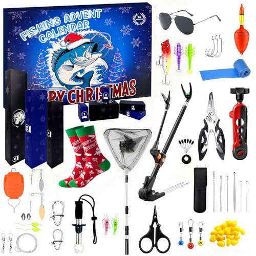 HUTRADE Angeln Adventskalender 2025 Männer, 24 Tägiger Weihnachts Countdown Adventskalender mit Mini Angelrute, Ködern, Haken und Zubehör, Freude und Spaß für Männer Teenager Junge