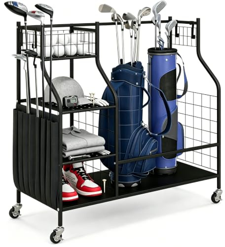 COSTWAY Golf Storage Rack, Extra Large Golf Clubs Bag Stand with Lockable Universal Wheels and Other Golfing Equipment Rack, Golf Garage Organizer (95 x 40 x 94cm)