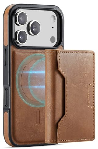 WBRSybUK Custodia A Portafoglio For IPhone 17/17 Air/17 Pro/17 Pro Max, Custodia In Pelle Con Portafoglio Magnetico Staccabile, Porta Carte Separato, Retrò Con Ricarica Wireless(Brass,17 Pro)