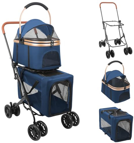 Homewell 2 in 1 Hundewagen, Hundebuggy, Doppelstöckiger Haustierbuggy, Kinderwagen für Katzen/kleine Hunde, Jogger Buggy für Haustiere mit Netzfenstern, Bis 40kg (Blau)