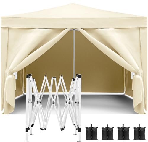 Easy-Up 10'x10' Sun Shade Canopy with 4 Detachable Side Walls, Portable Gazebo Pavilion for Events, Comes with Sandbags & Storage Bag (Light Brown)