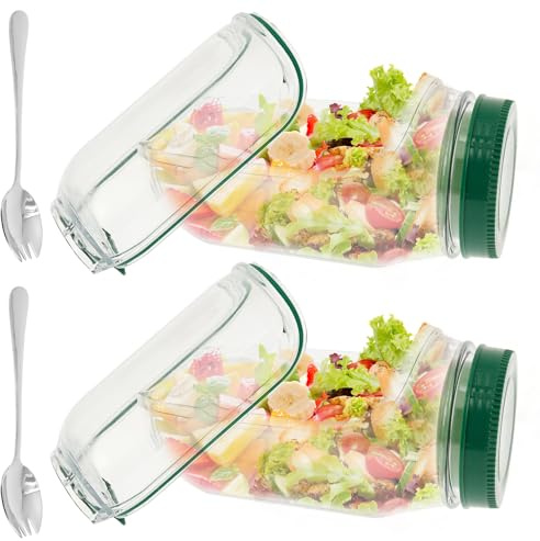 Salad Pod Container, Vertical Layering Salads Pod Built-In Bowl Design, Plastic Salad Jar with Side Opening, Portable Fresh Salads Storage Container with Fork for Lunch Fruit Picnic Camping (2 Pcs)
