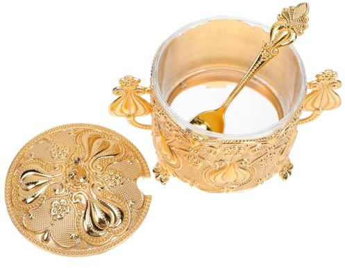 Toyvian Azucarero Metálico con Tapa y Cuchara, Diseño Europeo Elegante, Zinc Aleación Color Dorado, Recipiente para Azúcar Granulado, Adecuado para Cocina y Comedor, 1 Unidad