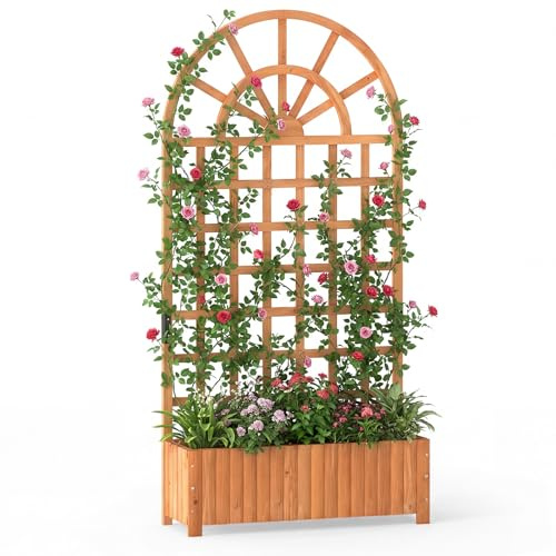 COSTWAY Blumenkasten mit Rankgitter, Pflanzkasten für Kletterpflanzen, Hochbeet mit Spalier & Entwässerung, Blumenkübel für Garten Balkon Sichtschutz, Gartenspalier Holz (91 x 30 x 182 cm, Braun)