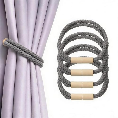 XBAIPIN Juego de 4 Soportes magnéticos para Cortinas, diseño de Cuerda Trenzada, Color Gris, práctico para Atar Cortinas, Ideal para hogares, hoteles y dormitorios