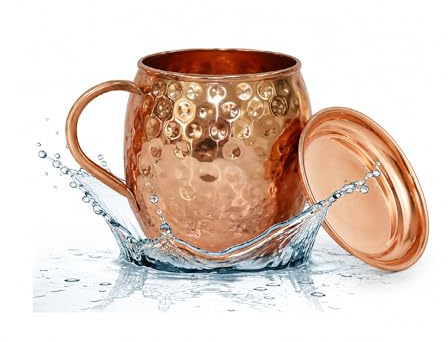 BRACOP® Mug en cuivre pur, carafe, gobelet avec couvercle, pichet martelé à la main, mug Moscow Mule, récipient ayurvédique en cuivre robuste, ustensile de service pour la maison. Bureau