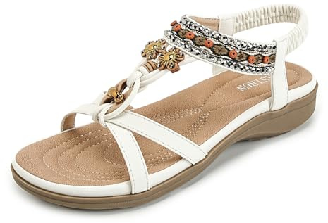 AFJYG Sandales Femme Plate Chaussures Été Bohême Élégantes Bout Ouvert Élastique Sangle Sandales Confortables Léger,Blanc,38 EU