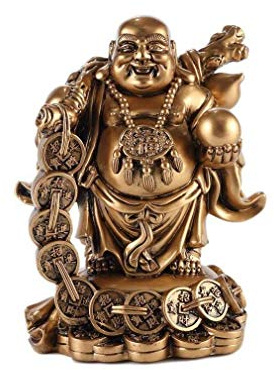 lachineuse – Statuette des lachenden Buddha – buddhistische Traditionen – chinesische Münzen – Feng Shui, Glück und Vermögen – aus goldenem Harz, 16,5 cm – Dekoration und Geschenkidee, China, Asien