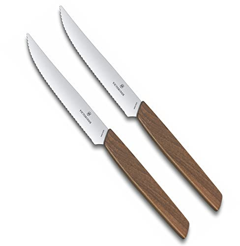 Victorinox, Swiss Modern, set di 2 coltelli da bistecca professionale, lama extra affilata, 12 cm, manico in legno, acciaio inossidabile, marrone
